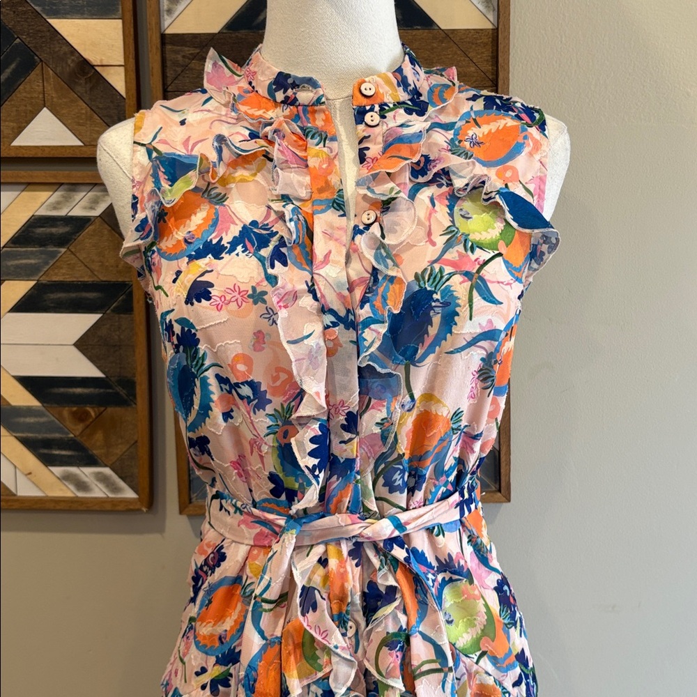 SALONI Floral Ruffle Button Down Tie Mini Dress size 0 - Picture 2 of 11